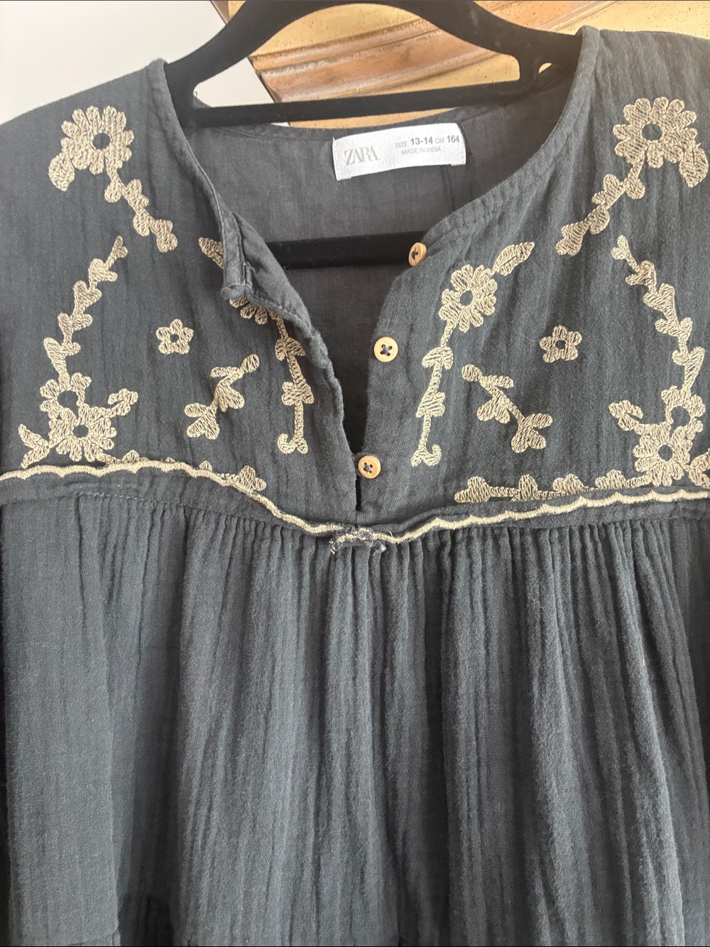 Zara Black Oversized Tunic Embroidered Boho Dress Sz Jr 13-14 or Petities NWOT - Picture 3 of 9